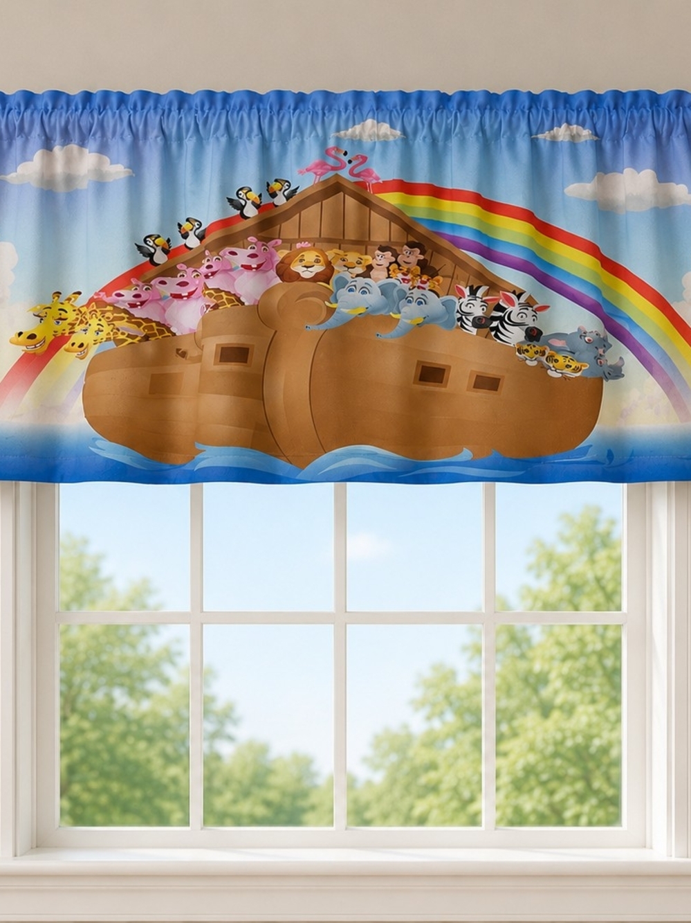 Noah's Ark Kids Window Valance - Colorful Animal Rainbow